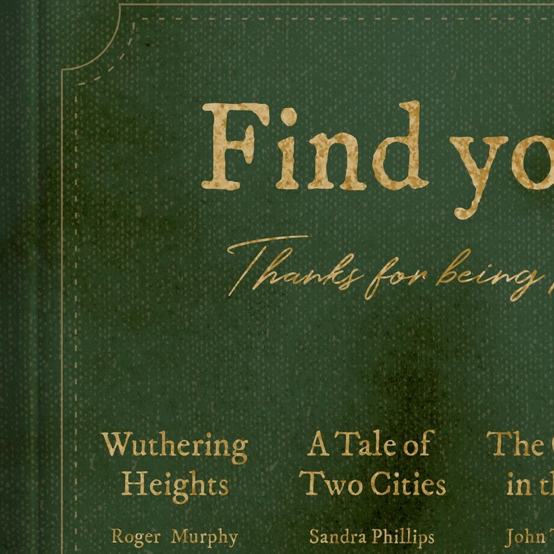 May include: A green book cover with gold lettering that reads "Find your" and "Thanks for being". The book cover also features the titles of three books: "Wuthering Heights", "A Tale of Two Cities", and "The in t". The authors of the books are listed below the titles: "Roger Murphy", "Sandra Phillips", and "John".