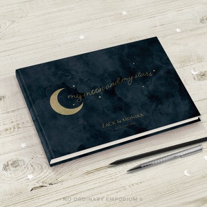 Moon and Stars Wedding Guest Book, Celestial Theme Guestbook, Starry Night Wedding , Navy Blush, Luna Wedding. Unique Wedding Decor