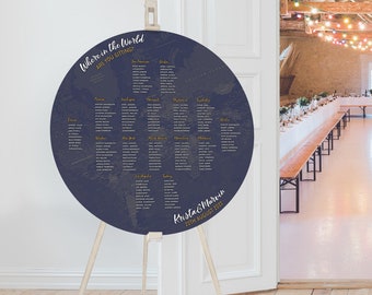 Circular Map Table Plan, Flat Globe Seating Chart, World Travel Theme Wedding, Where in the World Are You Sitting, Unique Wedding Decor