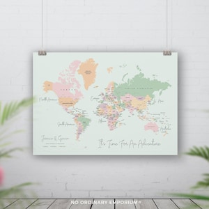 Pastel Green Push pin world map, Personalised Places we&#39;ve been, Detailed world pin board, Traveller couple anniversary gift, Bucket list