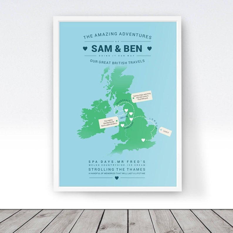 Personalised UK Map, Map of the UK, Custom Map Print, Places We've Been, Places Travelled, Where We've Been, First Met, Our Travels image 2