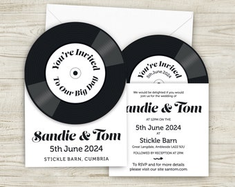 Retro Vinyl Record Style Wedding Invitations, Music Theme Wedding Invites, Rock N Roll Wedding, Groovy Invitations, Minimal Black and White