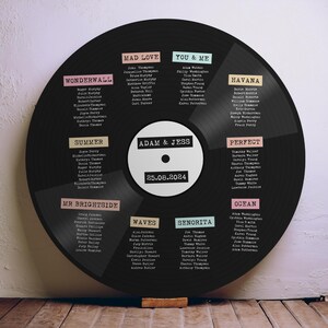 May include: A black vinyl record wedding seating plan, featuring guest names arranged under song titles such as "Wonderwall" and "Havana." The centre circle shows "Adam & Jess" and the date 25.08.2024.