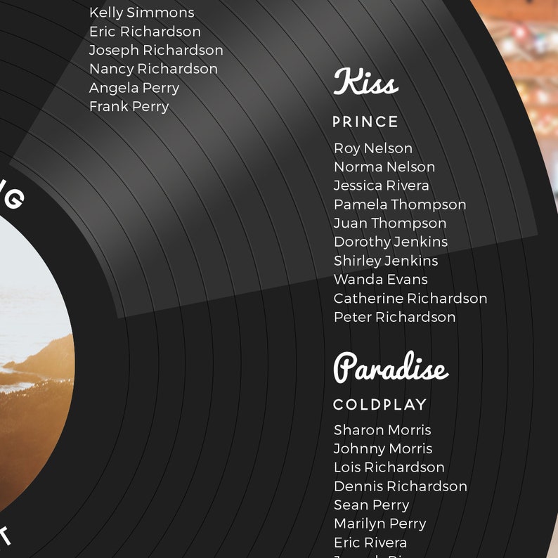 Record Seating Chart With Photo, Music Theme Wedding, Record Table Plan, Vinyl Style Round Board, Unique Wedding Decor, No Ordinary Emporium image 3