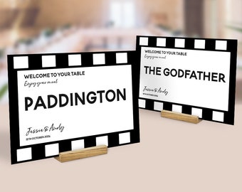 Film Theme Wedding, Retro Table Numbers, Movie Theme Wedding Table Name Cards, Cinema Decor, Centrepiece, Table Names, Unique Wedding Decor