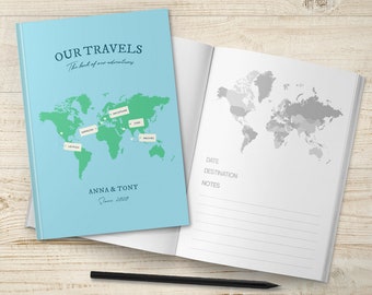 Carnet de voyage personnalisé avec pages de carte, liste de seaux de voyage, carnet de notes, agenda, aventure, cadeau de 1er anniversaire, anniversaire, mariage