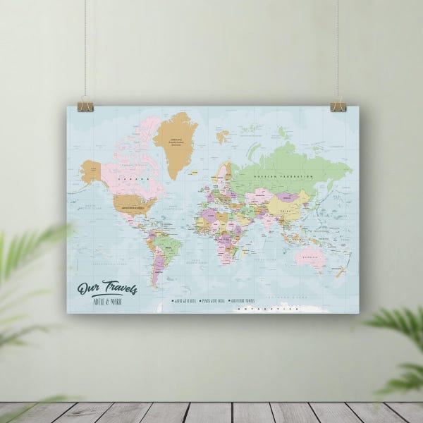 Push pin board map, Places we've been map, Push pin world map, Map of the world, Customised map, Personalised map, Vintage style world map