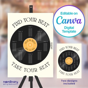 Plano de mesa de vinilo, plantilla digital editable de Canva, plano de asientos para boda, letrero, fondo, disco de vinilo, tema musical, rock retro, disco, fiesta de los 70