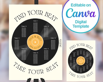 Vinyl Table Plan, Canva Editable Digital Template, Wedding Seating Chart Sign Backdrop Vinyl Record Music Theme Retro Rock Disco 70s Party