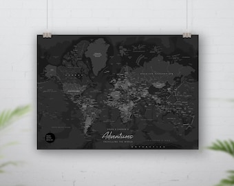 Dark Grey world map pin board, Travel map push pin, Places we've been map, Push pin boardworld map, Personalised map, Custom travel map