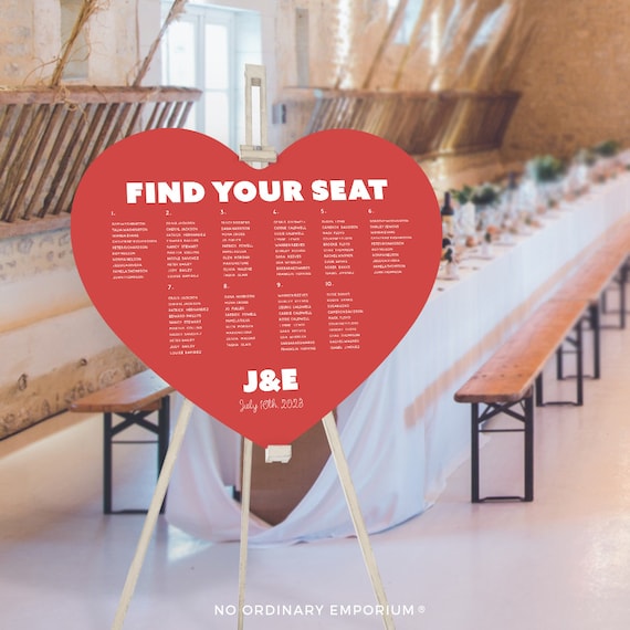 Heart Seating Chart, Romantic Table Plan, Love Heart Cut Out, Quirky Foam Board Sign, Unique Wedding Day Stationery Personalised Custom Made