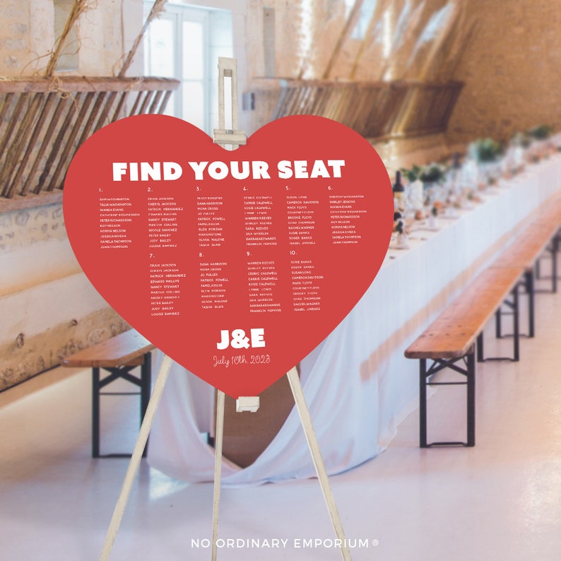 Red Heart Seating Chart, Quirky Romantic Table Plan, Love Heart Cut Out, Foam Board Sign, Unique Wedding Day Stationery Personalised Custom Made