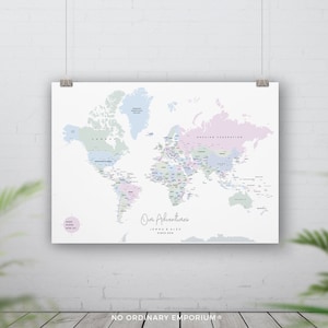 Personalised World Map, Push Pin Map, Pastel Detailed World Pin Board, Traveller Couple Gift, Wedding anniversary, Bucket list Map
