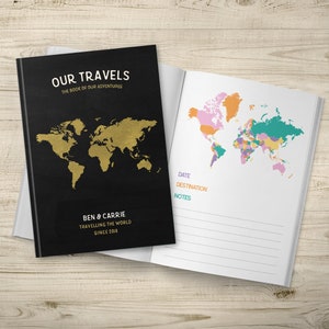 Bucket List, Travel Journal, Travel Notebook, Personalised Notebook, Travel Gift, Places We're Going, Gold World Map, Our Adventures image 1