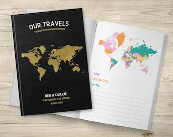 Bucket List, Travel Journal, Travel Notebook, Personalised Notebook, Travel Gift, Places We're Going, Gold World Map, Our Adventures