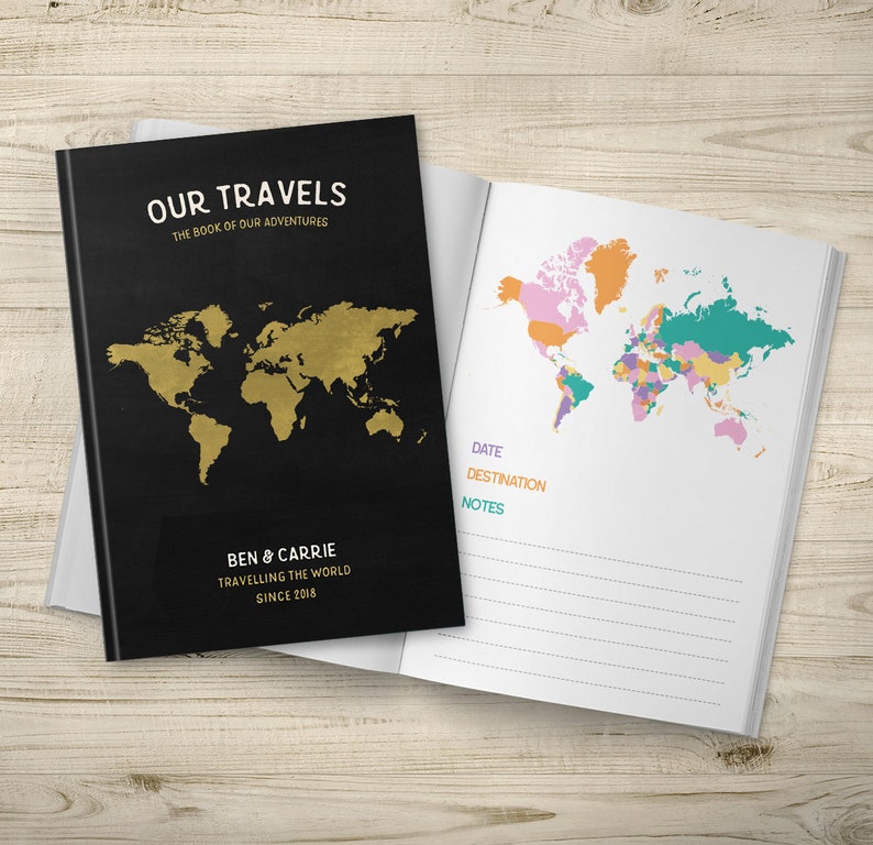 Bucket List, Travel Journal, Travel Notebook, Personalised Notebook, Travel Gift, Places We're Going, Gold World Map, Our Adventures image 1