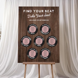 Retro Vinyl Record Wedding Seating Chart, Guest List Table Plan Sign, Vintage Record Wedding Sign, Music Theme Reception Event Decor