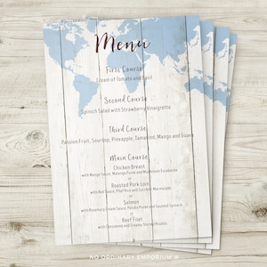Travel Theme Wedding Menus, Travel Themed Menu, World Map Menu, Rustic Wedding Decor, Vintage Wedding Stationery, Destination Wedding Menu