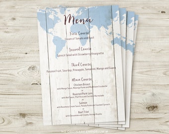 Travel Theme Wedding Menus, Travel Themed Menu, World Map Menu, Rustic Wedding Decor, Vintage Wedding Stationery, Destination Wedding Menu