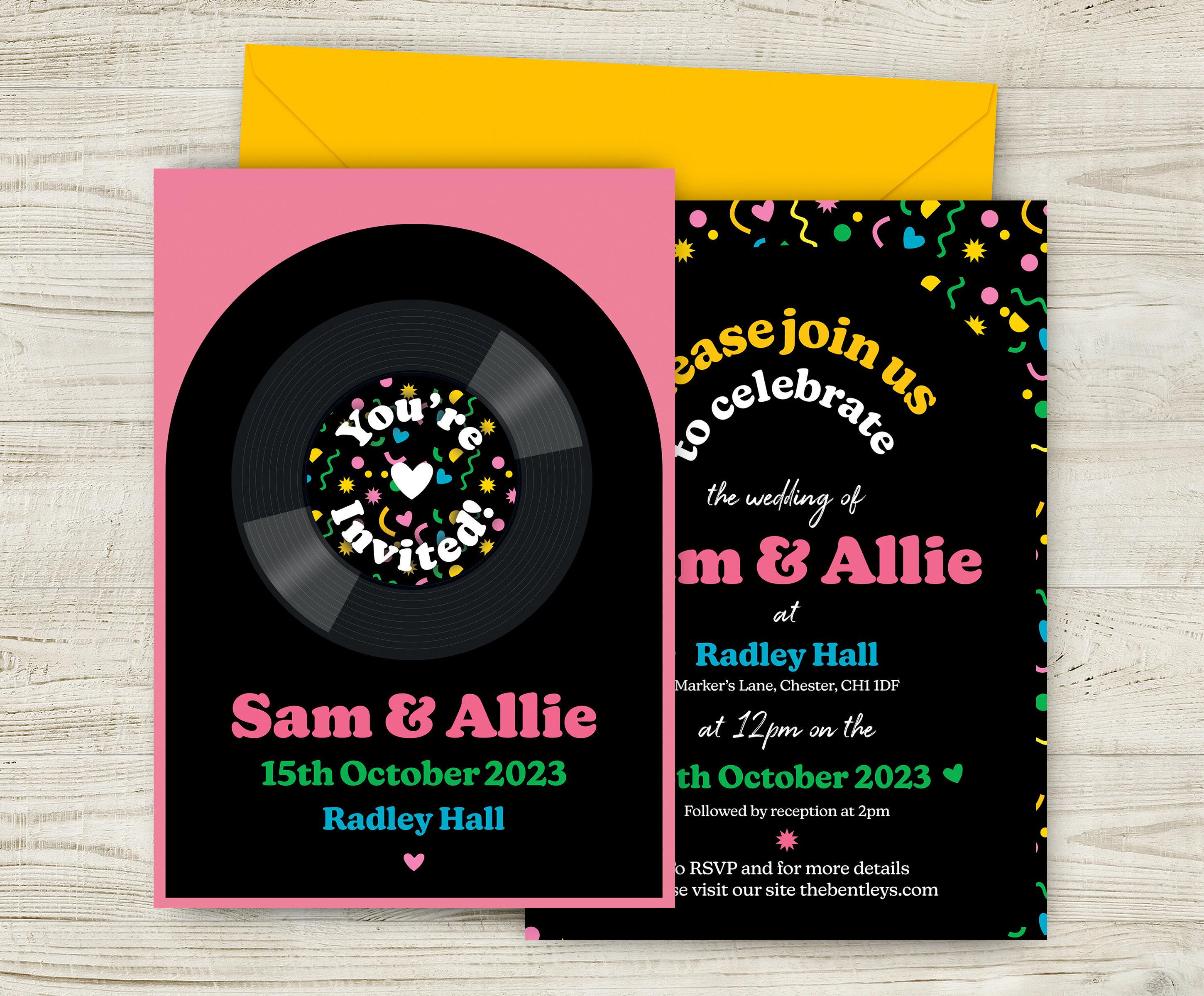 1980's Retro Wedding Invitations, Bright Colourful Invites, Music