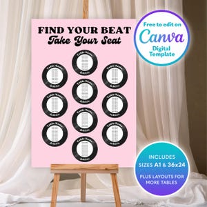 Puede incluir: Un plano de asientos de boda rosa con el texto "FIND YOUR BEAT Take Your Seat". El gráfico presenta nueve asignaciones de mesa en forma de disco en blanco y negro. Incluye tamaños A1 y 91x61cm. Edición gratuita en Canva.