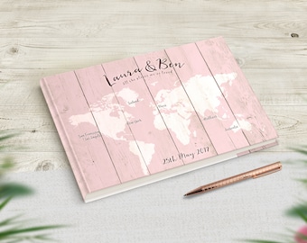 Blush Pink Wedding Guest Book, Travel Theme Wedding Guestbook, Rustic Wedding , Destination Wedding, Guest Book Map, World Travel Custom Map