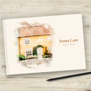 May include: A watercolor illustration of a yellow cottage with a white door and a red tiled roof. The cottage is surrounded by green bushes and a white picket fence. The text "Sunny Lane Guest Book" is written in brown text at the top right of the image.
