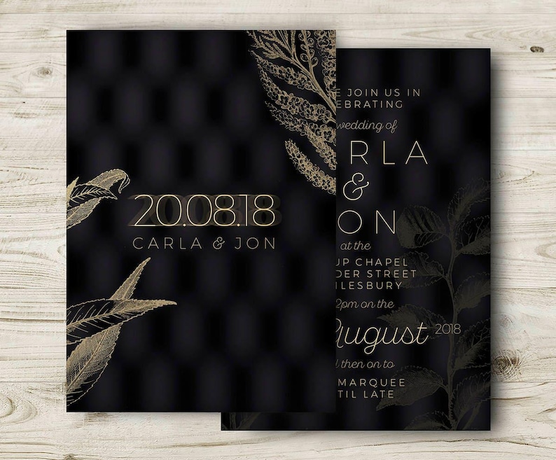 Black and Gold Wedding Invites, Winter Wedding Invitations, Elegant Cocktail Wedding, Classic, Formal Occasion, Personalised, Customisable image 1