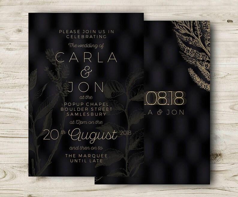 Black and Gold Wedding Invites, Winter Wedding Invitations, Elegant Cocktail Wedding, Classic, Formal Occasion, Personalised, Customisable image 2