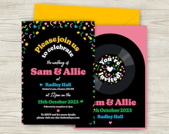 1980's Retro Wedding Invitations, Bright Colourful Invites, Music Theme Wedding, Vinyl Record Invites, Wedding, Retro 80s Style Invitations