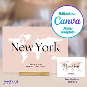 Números de mesa para viajes, plantilla digital editable de Canva para nombres de mesas de bodas con temática de viajes, tarjetas de destino, compromisos en ciudades y países.