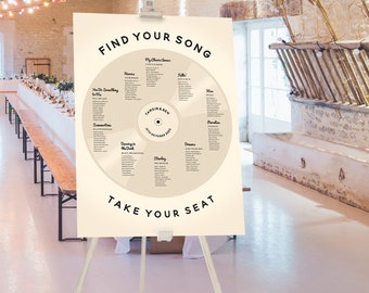 Gold Record Table Plan, Champagne Record Seating Chart, Music Theme Wedding, Vinyl Seating Plan, Disco Wedding Decor, Unique Seating Plan