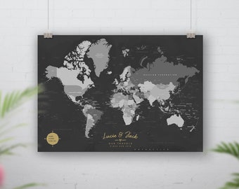 Dark Grey Personalised Pin Board, Push Pin World Map, Custom Travel Map, Push Pin Map, Travel Gifts, World Map Push Pin, World Map Wall Art