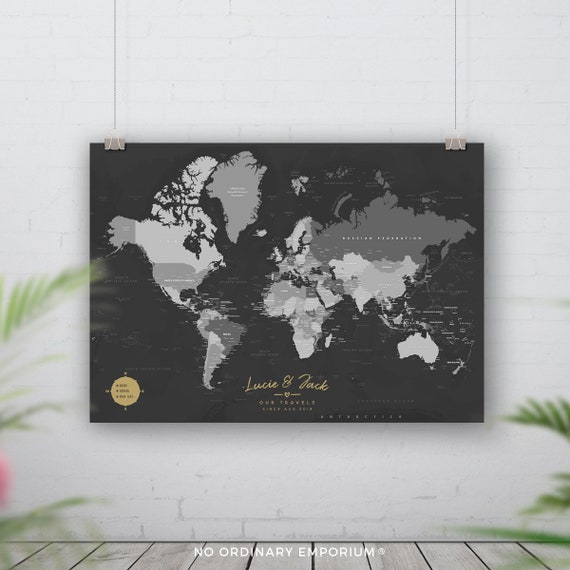 World Travel Map Pin Board with Push Pins: Light Gray Color Splash