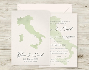 Italian Wedding Invitations, Italy Destination Wedding, Travel Themed Invitations Watercolour Map, Traveller Couple, Wanderlust World Europe