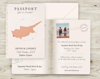 Passport Wedding Invitation Cyprus, Any Country, Destination Wedding Invites, Wedding Abroad, Travel Wedding Invitations Plane Flight Invite