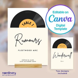 Números de mesa de vinilo, plantilla digital editable de Canva, nombres de mesas para bodas, planos de asientos, letreros, tema musical de vinilo, rock retro disco