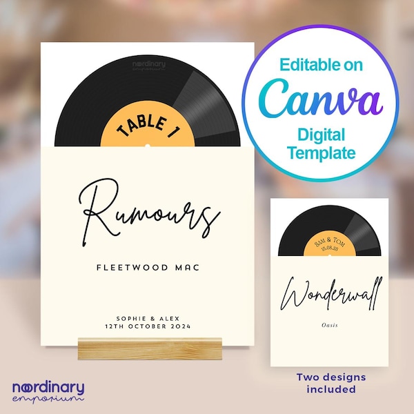 Numery stołów winylowych, edytowalny szablon cyfrowy Canva, nazwy stołów weselnych, plany miejsc, tabliczki, motyw muzyczny z płyt winylowych: retro rock, disco