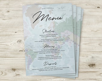 Wedding Menus Map Menu, Travel Theme Menu, World Map Menu, Wedding Decor, Vintage Wedding Stationery, Destination Theme Wedding Vintage