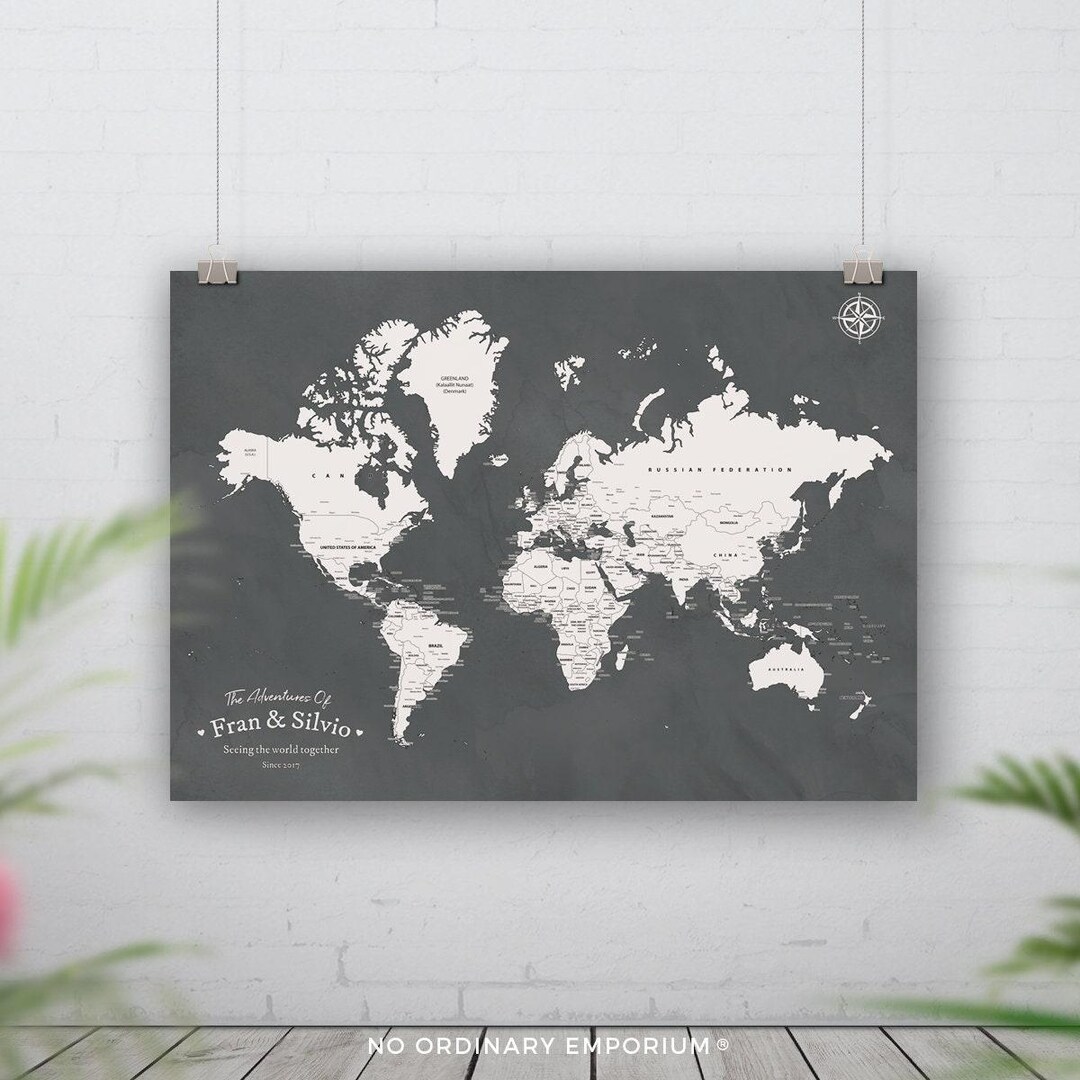 Map Pin Gray Dark Grey Push Pin World Map, Personalised Pin Board, Custom Travel Map ...