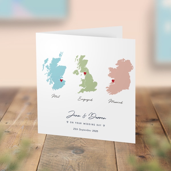 Personalised Three Map Engagement Card, Destination Wedding Card, Met Engaged Married Card, Special Location Map Card, Any Country Outline