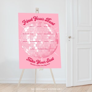 Disco Ball Table Plan, Pink Red Retro Seating Chart, Disco Fever Glitter Ball, Music Theme Wedding, Groovy Wedding Decor, Hot Pink 60s 70s