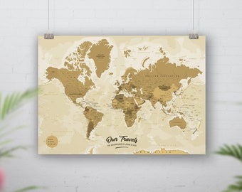 Gold Push pin world map, Places we've been, Bucket list map, Personalised Detailed World Map, Traveller couple, Anniversary Gift, Custom