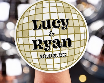 Pegatinas de boda estilo discoteca: etiquetas retro personalizadas para regalos o confeti.