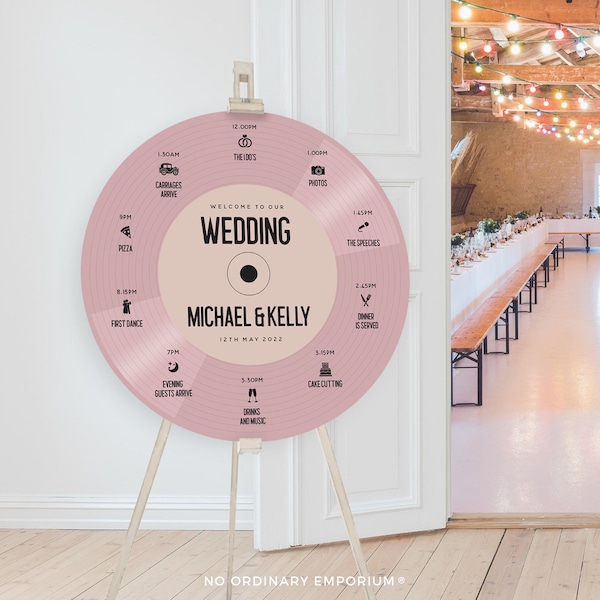 Round Welcome Sign, Wedding Timeline Sign, Music Wedding Sign, Record Vinyl-Style Engagement Party Sign, Unique Decor, No Ordinary Emporium