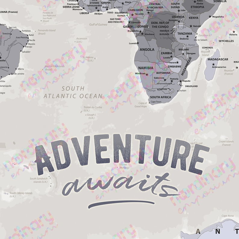 Adventure Awaits Push Pin World Map, Size A2 Detailed World Pin Board, Places Been, Traveller Birthday Gift, Bucket List Adventures Wall Art image 2
