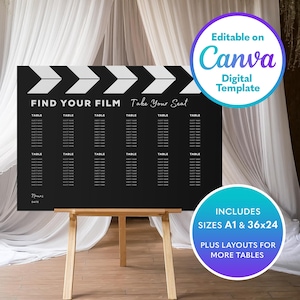 May include: Black and white printable seating chart with a film clapboard design. The chart has the text "Find Your Film" and "Take Your Seat". It includes table numbers and space for guest names. The chart is editable on Canva and includes sizes A1 and 36x24 inches.
