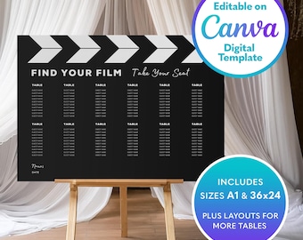 Plano de asientos para bodas en Hollywood: claqueta de cine (plantilla digital editable en CANVA)