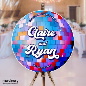 Disco Theme Welcome Sign, Retro Alternative Wedding, Quirky Wedding, Groovy Boogie Festival, Colourful Bright Glitter Ball, Music Hollywood