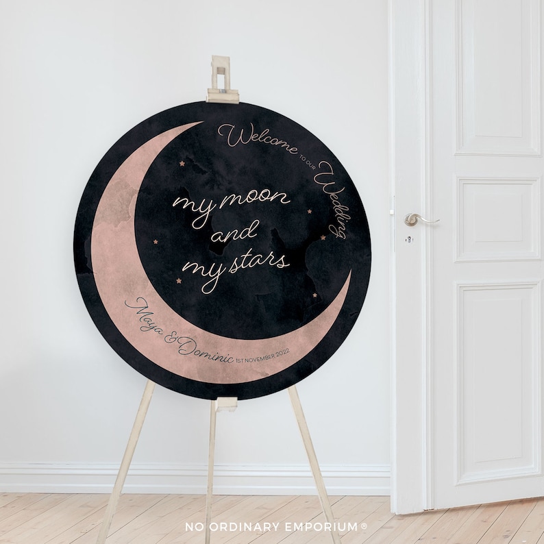 Celestial Wedding Moon Stars Welcome Sign Crescent Moon Backdrop Starry Night Navy Blush Jewel Galaxy Theme Unique Wedding
